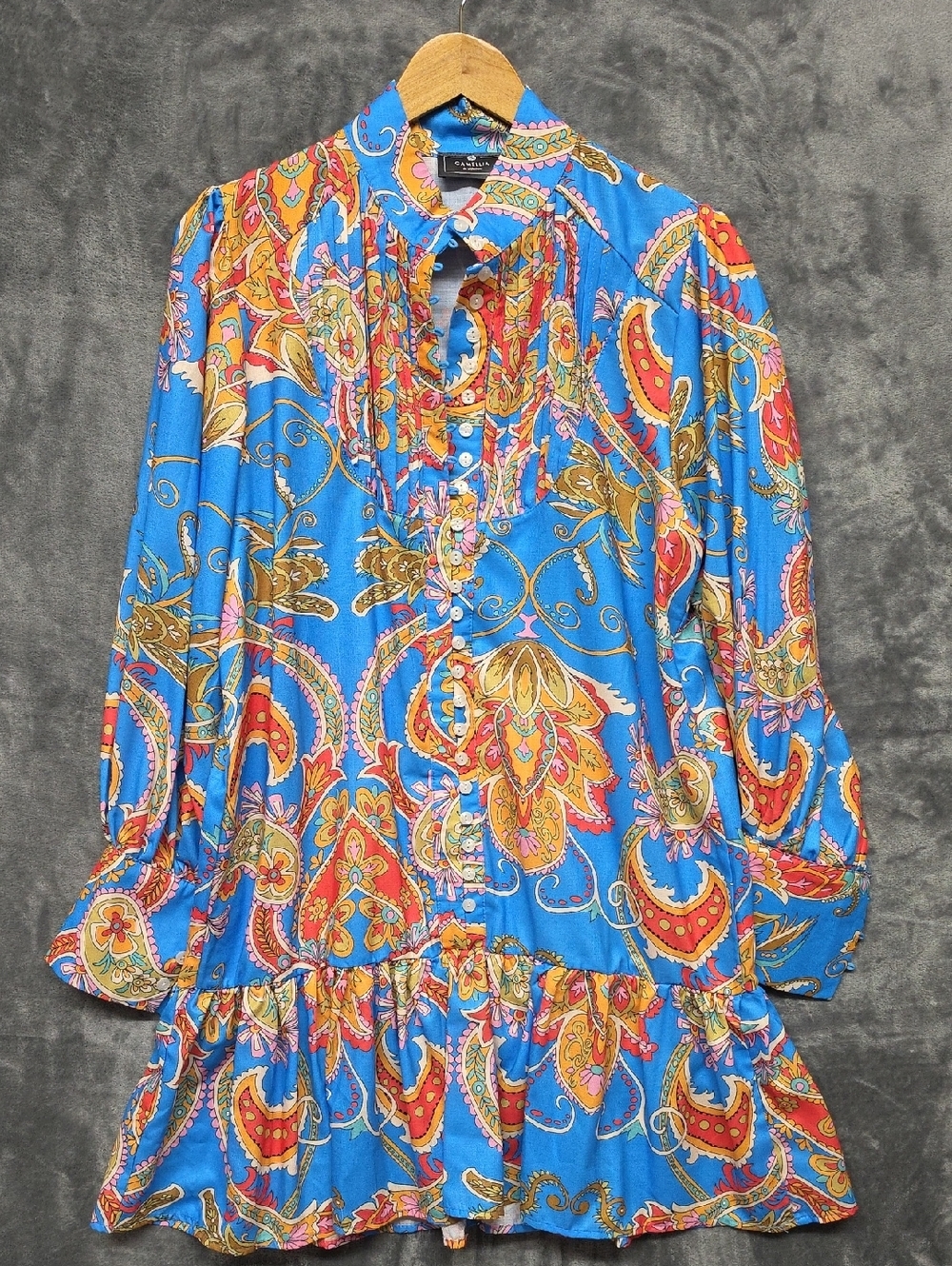 Vibrant Blue Paisley Mini Dress - 1970s Inspired